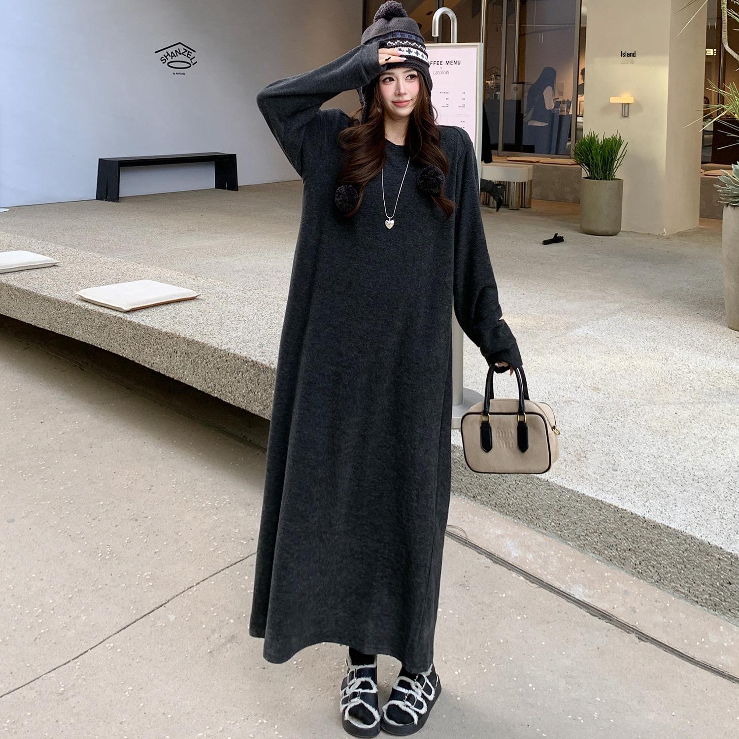 

Autumn/Winter 2025 Cozy Brushed Fleece Skirt Dress - Loose Fit L темно-серого