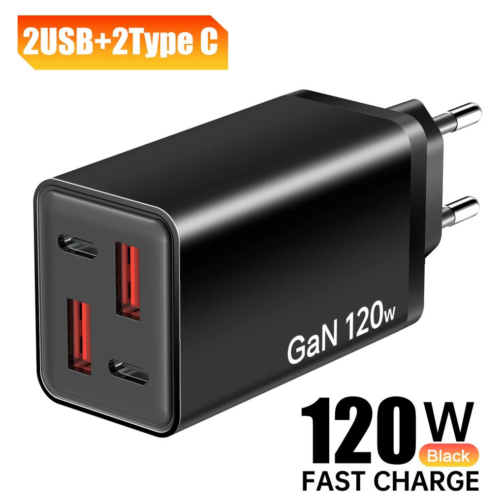 Carregador de Parede GaN USB Total 120W 4 Portas Tipo C Carregamento Rápido Adaptador de Parede 2PD 2USB Quick Charge 3.0 Carregadores de Viagem Adaptador de Carregamento