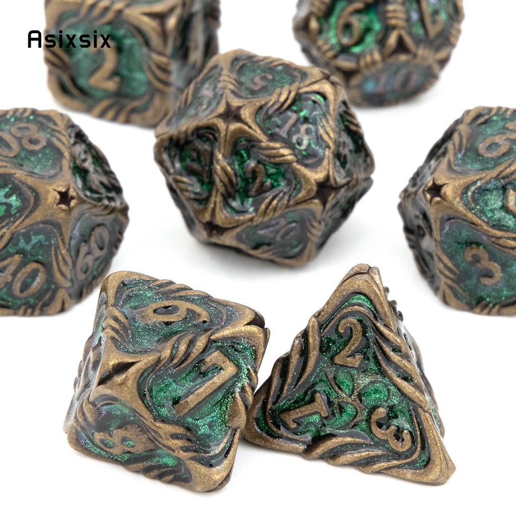 7 Pcs Yellow Green Tree Vine Metal Dice Solid Metal Polyhedral Dice Set Suitable for Role-Playing RPG Board Game Dice RPG