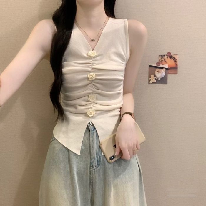 V-Ausschnitt Dreidimensionale Blume Ärmellose Weste Eine Kurze Sommerbluse für Frauen Ein Süßes und Sexy Figurbetontes Oberteil