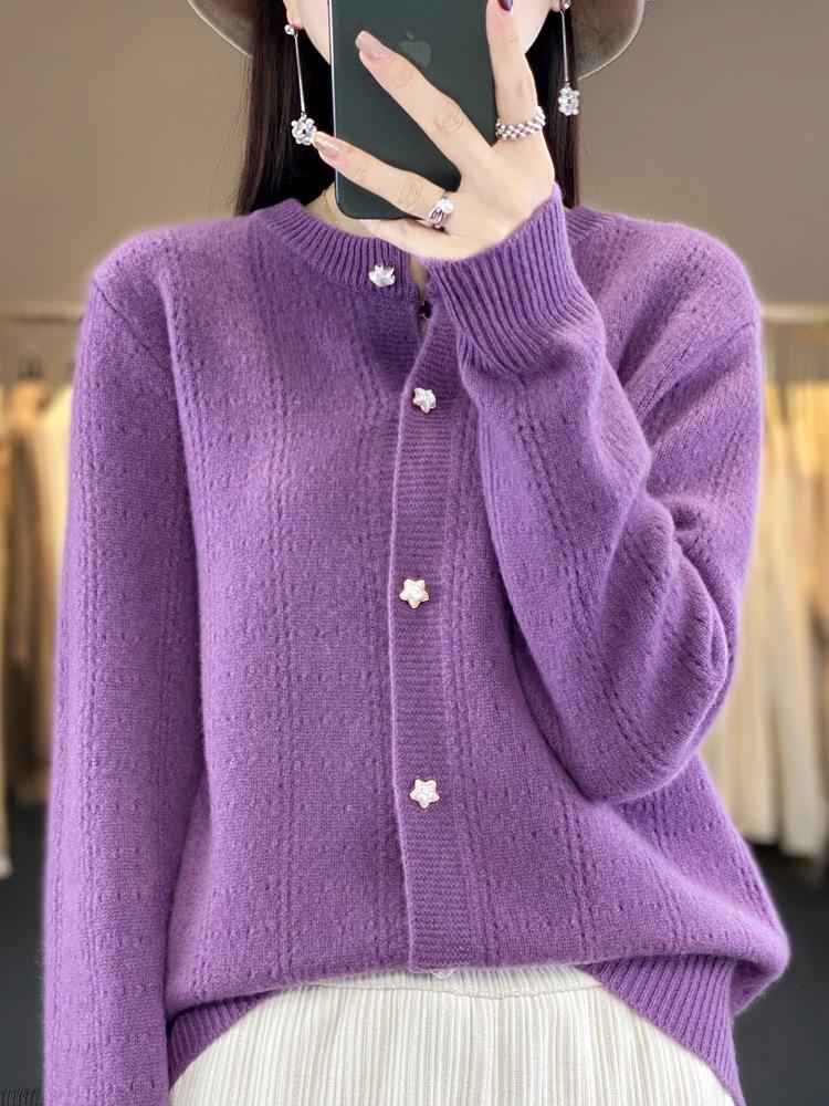 Women's Round Neck Wool Cardigan: Loose Fit, Solid Color, Hollow Long Sleeve - Suitable for Spring, Autumn, and Winter.