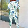 Women Plus Size Two Piece Pants Set Round Neck Long Sleeve Printed Top And Fitted Pants