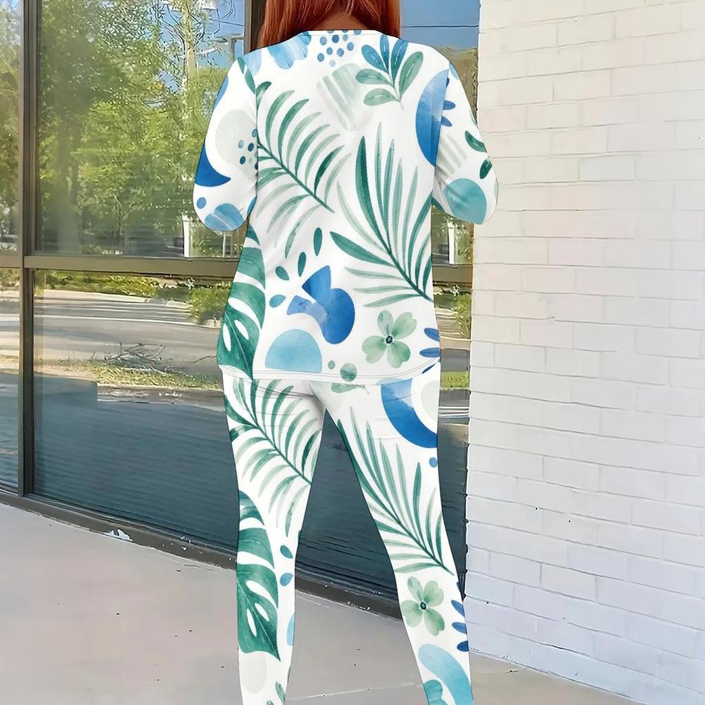 Women Plus Size Two Piece Pants Set Round Neck Long Sleeve Printed Top And Fitted Pants