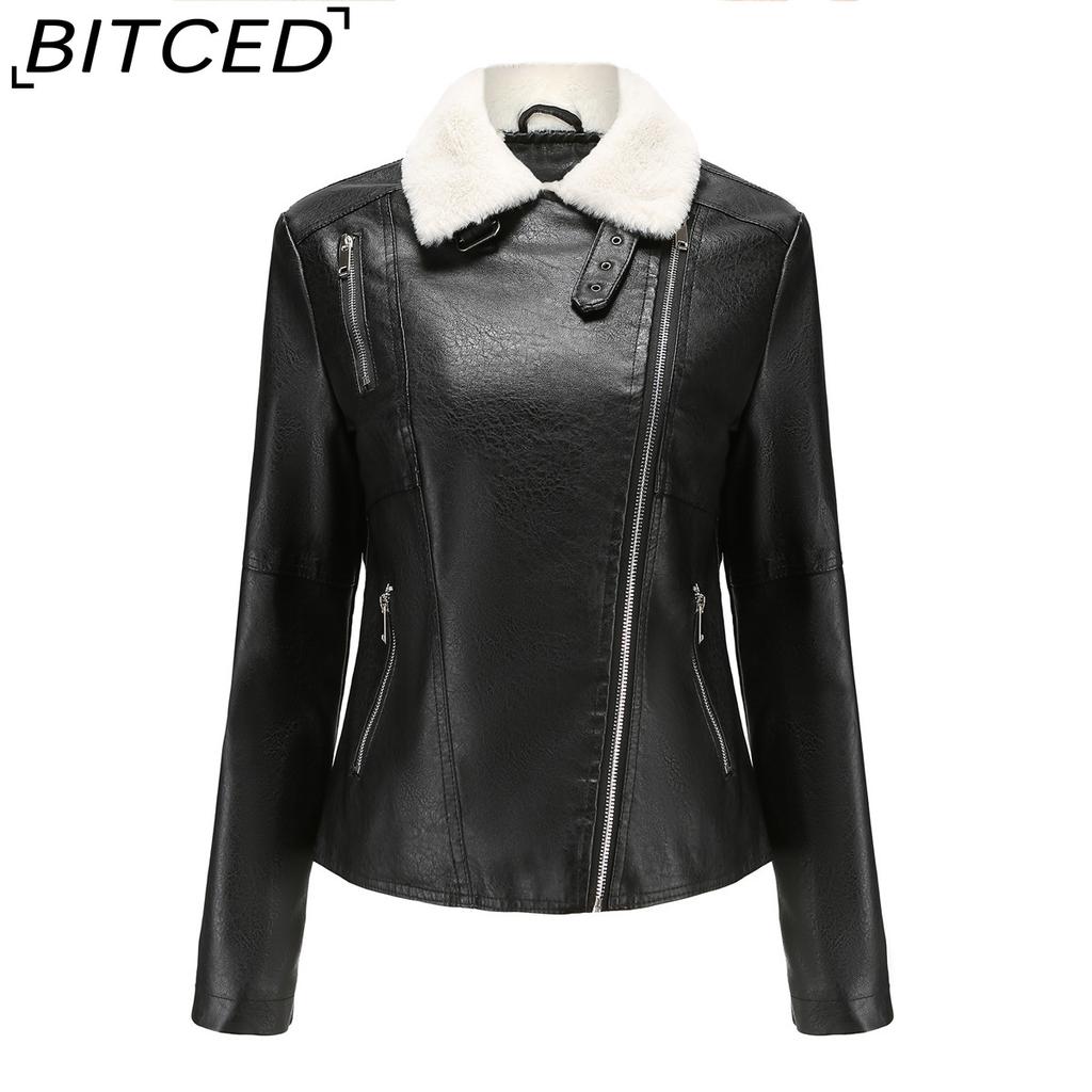 BITCED Autumn/Winter Faux Fur-Lined Leather Jacket for Women with Fleece Lining, Long Sleeves, Warm Coat, Casual Style