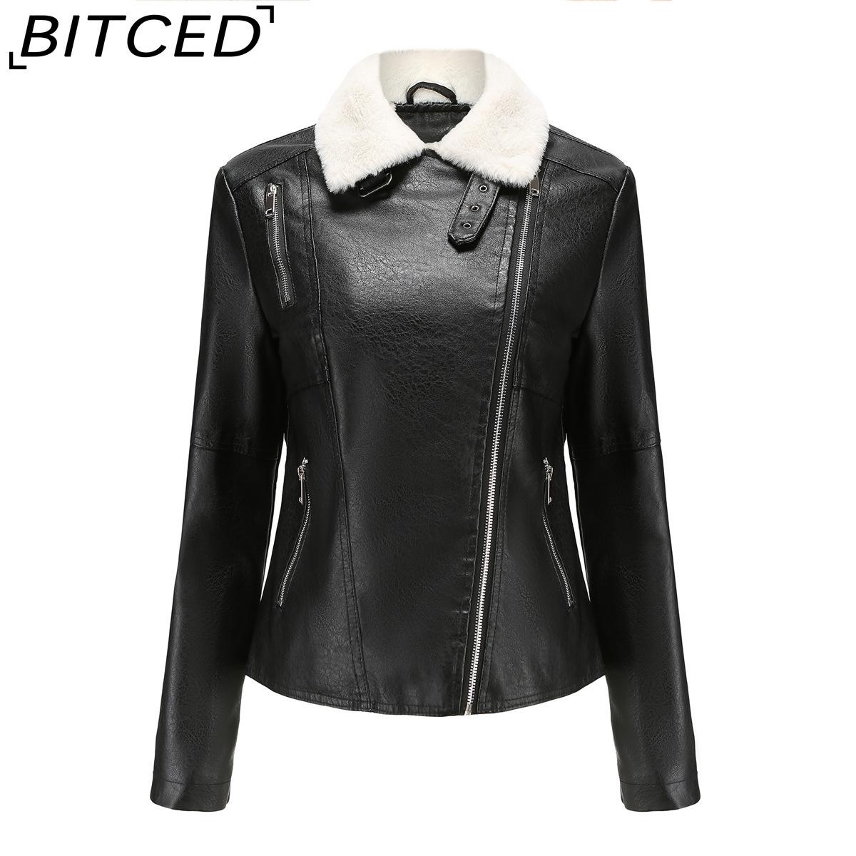 

BITCED Autumn/Winter Faux Fur-Lined Leather Jacket for Women with Fleece Lining, Long Sleeves, Warm Coat, Casual Style S чорний