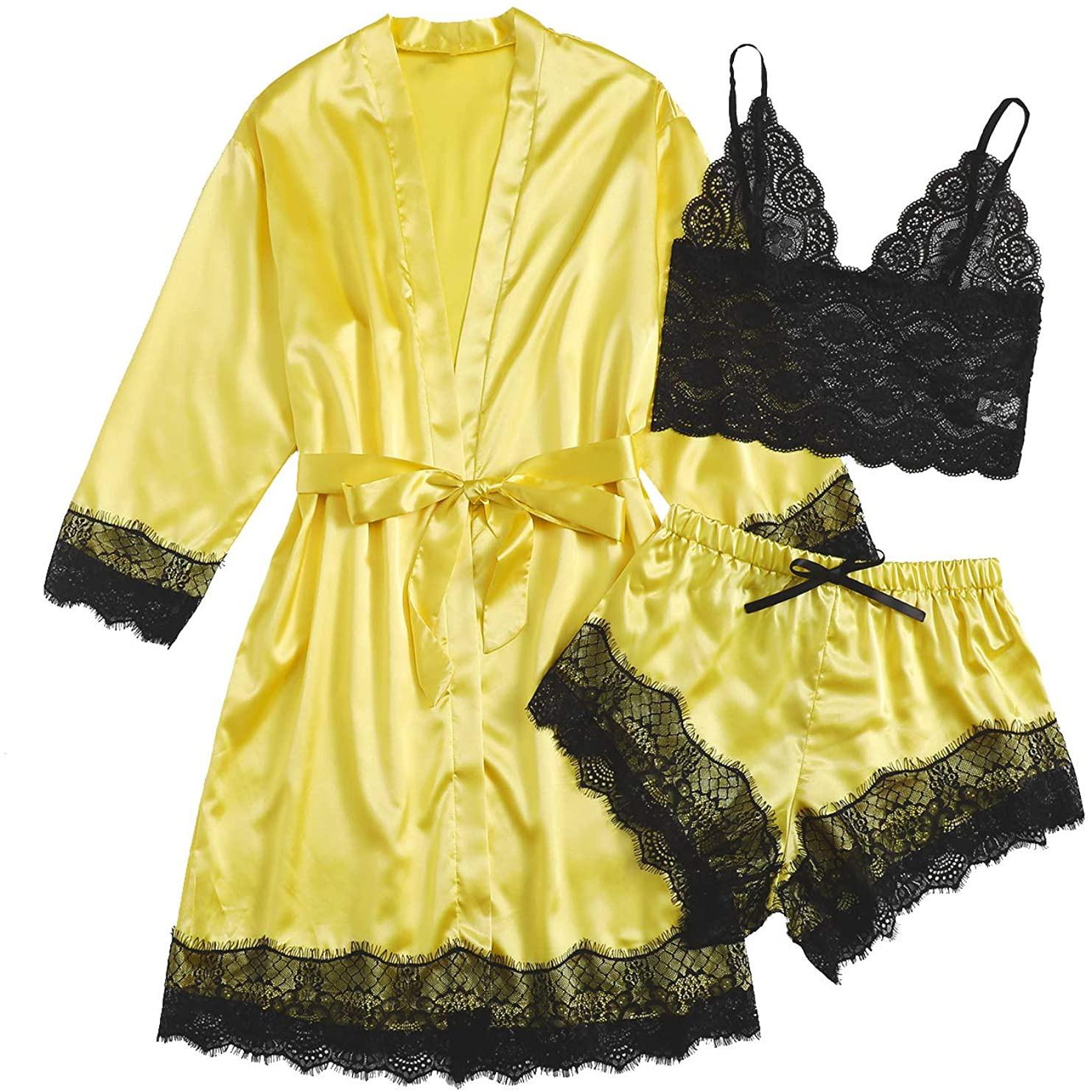 

Сексуальное женское белье больших размеров, женский шелковый халат в полоску, атласный халат, пижамы, пижамы L жёлтый