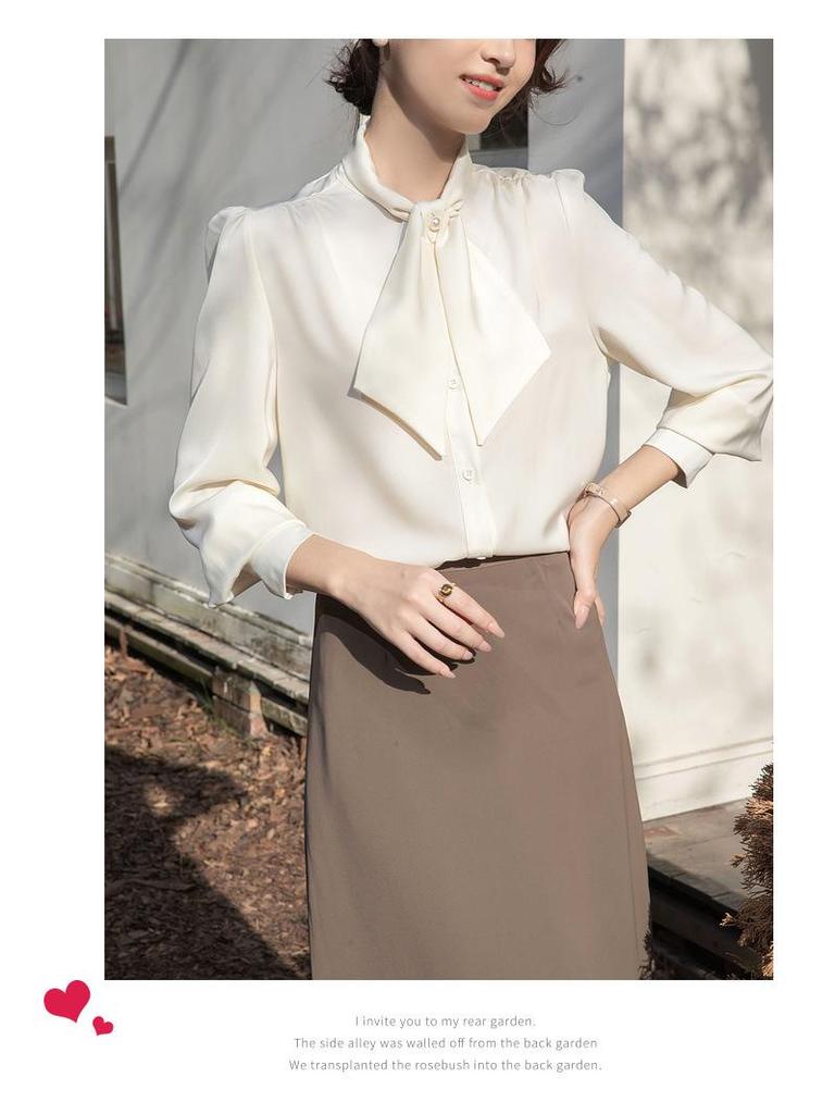 Women's Satin Long Sleeve Shirt with Ribbon Bow and Stand Collar - Spring 2026 Commuting Style.