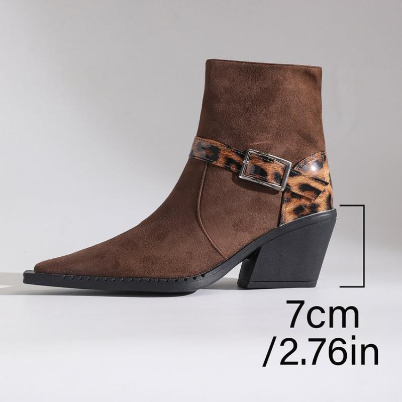 Fashion 2025 New Leopard Print Buckle Winter Large Size Short Boots For Women Thick Heel Ankle Boots Side Zip Fashion Boots Shoes