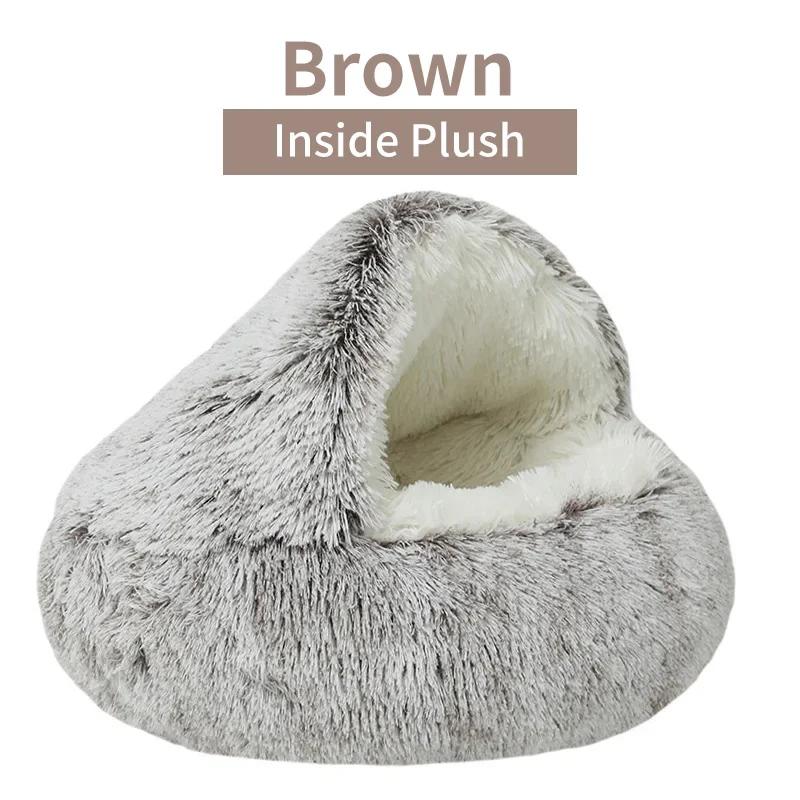 Winter-Katzenbett aus Plüsch, rundes Katzenkissen, Katzenhaus, 2-in-1, warmer Katzenkorb, Haustier-Schlafsack, Kätzchennest, Zwinger für kleine Hunde und Katzen