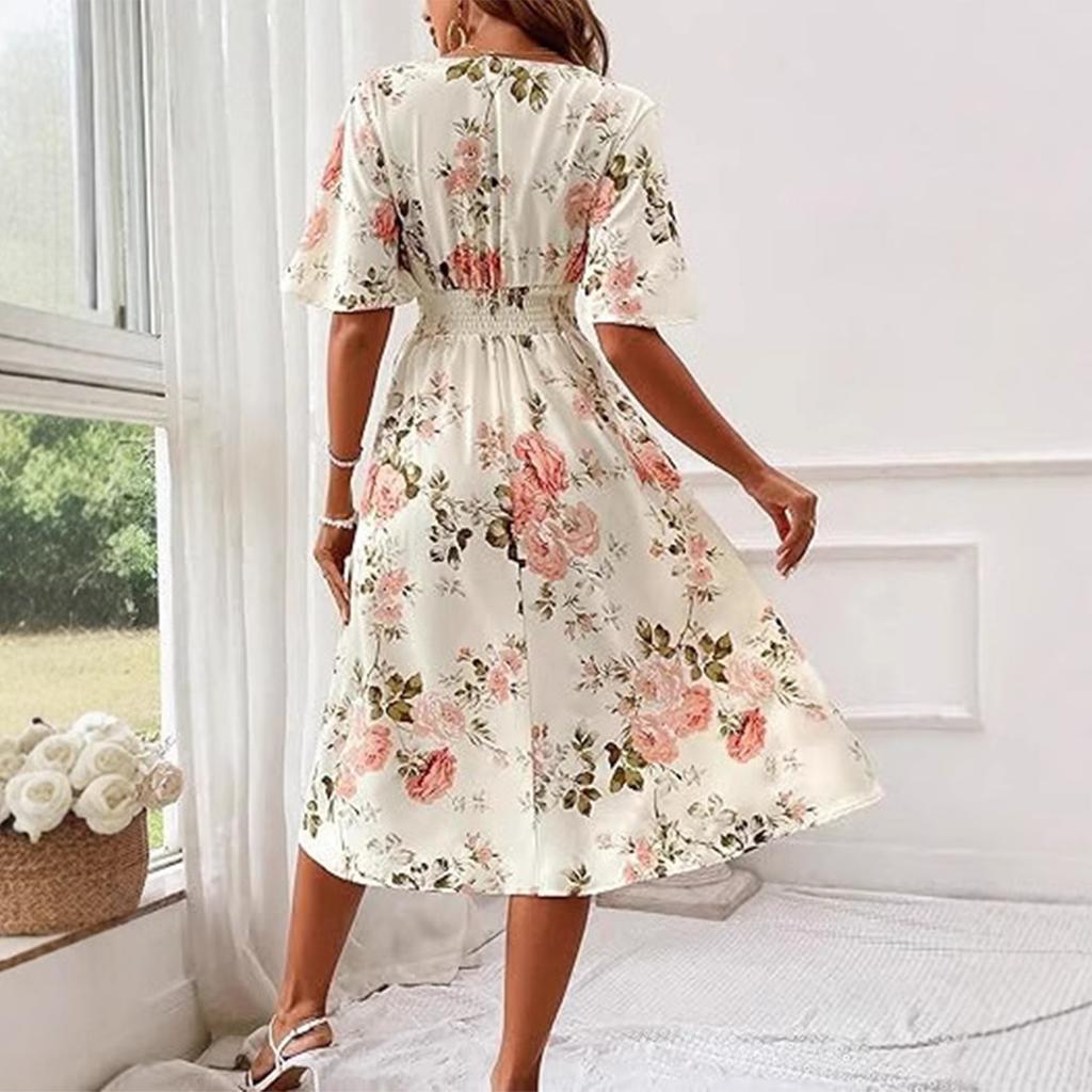 A Summer V-neck Short-sleeved Casual Floral Print Dress For Women
