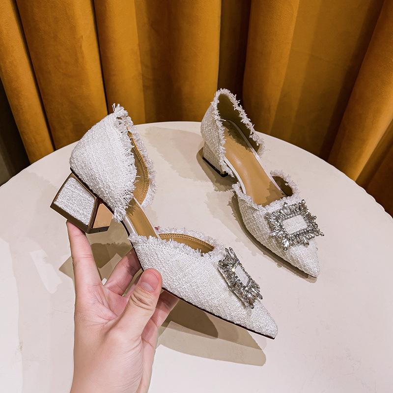 Baotou Sandals Women's Summer New Versatile Thick Heel Fashion French Temperament Hollow Single Shoes Women's Medium Heel Pointed High Heels