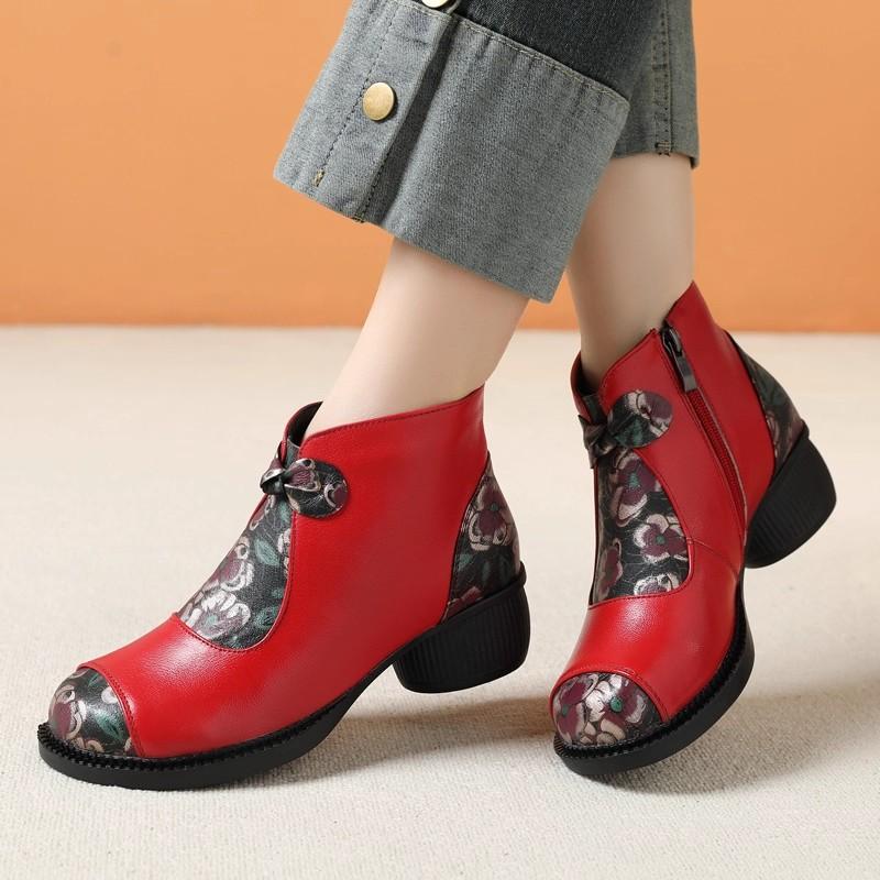 GKTINOO Ethnic Style Mother Shoes Genuine Leather Women's Short Boots  2025 Autumn Winter Round Toe Soft Sole Thick Heels Boots