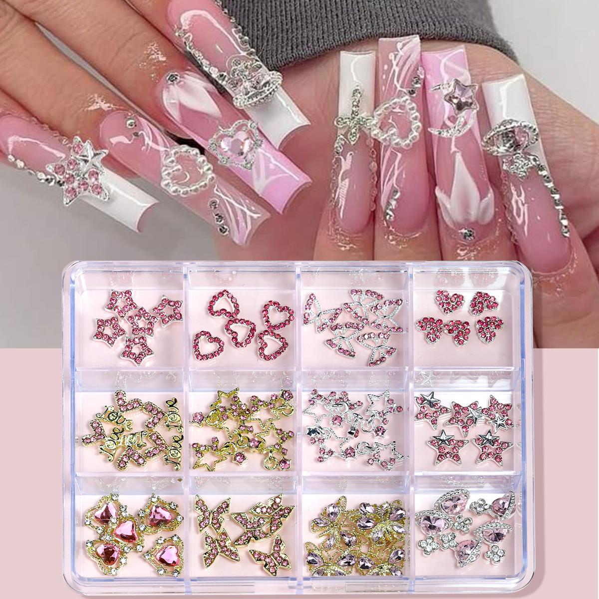 

3D Стразы для дизайна ногтей Сердце&Пентаграмма&Бабочка Шармы для ногтей с розовыми стразами 12 ячеек 5 шт./тип Аксессуары для дизайна ногтей розовый