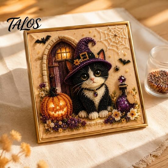 Creative Gifts for Cat Lovers Halloween Witch Hat DIY 3D Pearl Painting Kit with Frame, Hand-Pasted Art Craft Adults, Relaxing Handcrafted Living Room
