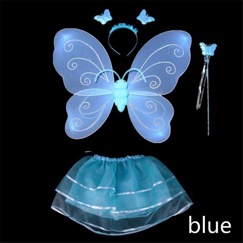 4 шт./набор Девочки Светодиодная мигающая подсветка Крылья феи-бабочки Палочка Повязка на голову Костюм Игрушка Подарок синий
