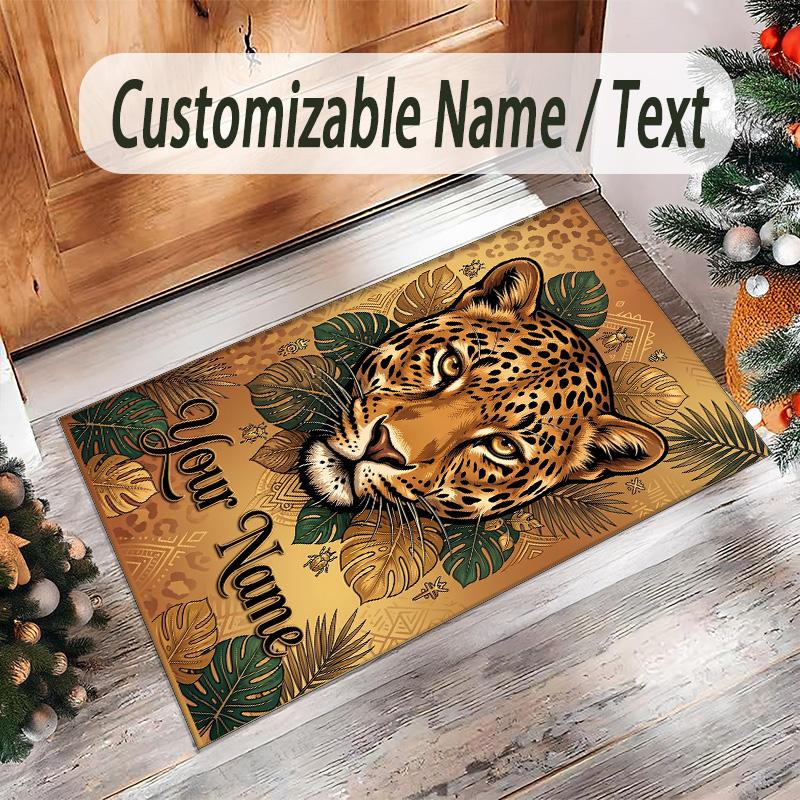 Leopard Theme Crystal Velvet Floor Rug Personalized Custom Name Text Warm Carpet Home Decoration