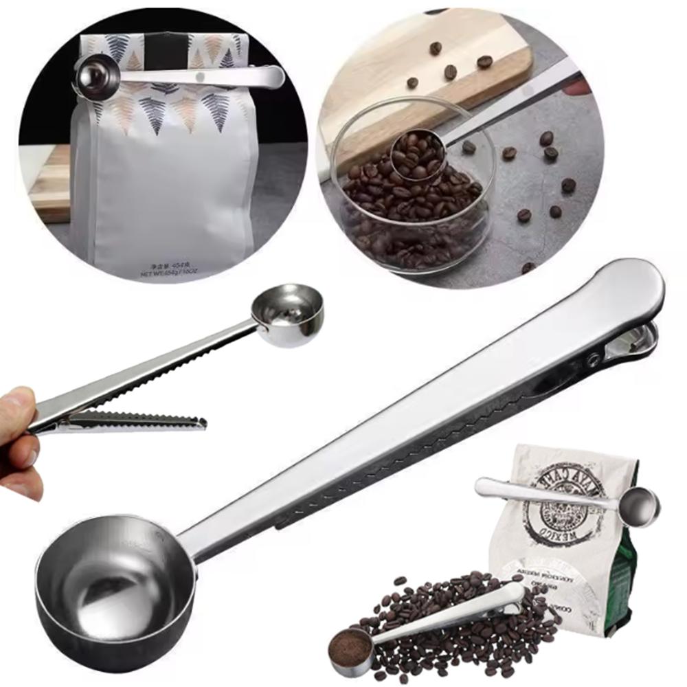 2-in-1 Multifunction Stainless Steel Coffee Scoop with Clip Coffee Tea Measuring Scoop 1Cup Ground Coffee Measuring Scoop Spoons