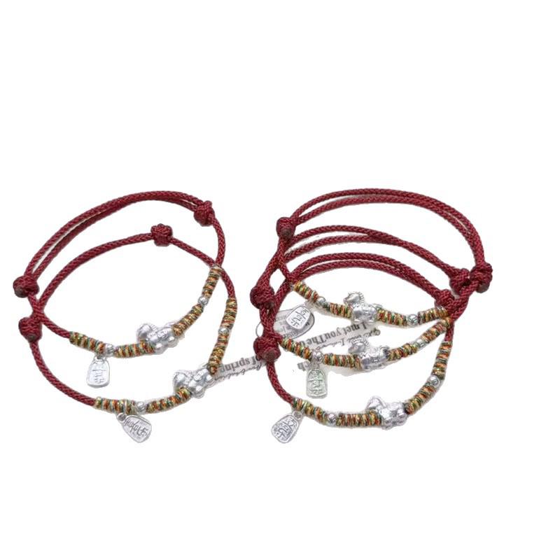 999 Sterling Silver Zodiac Horse Bracelet with Red String - Lucky Charm for Couples, New Year Gift. красный