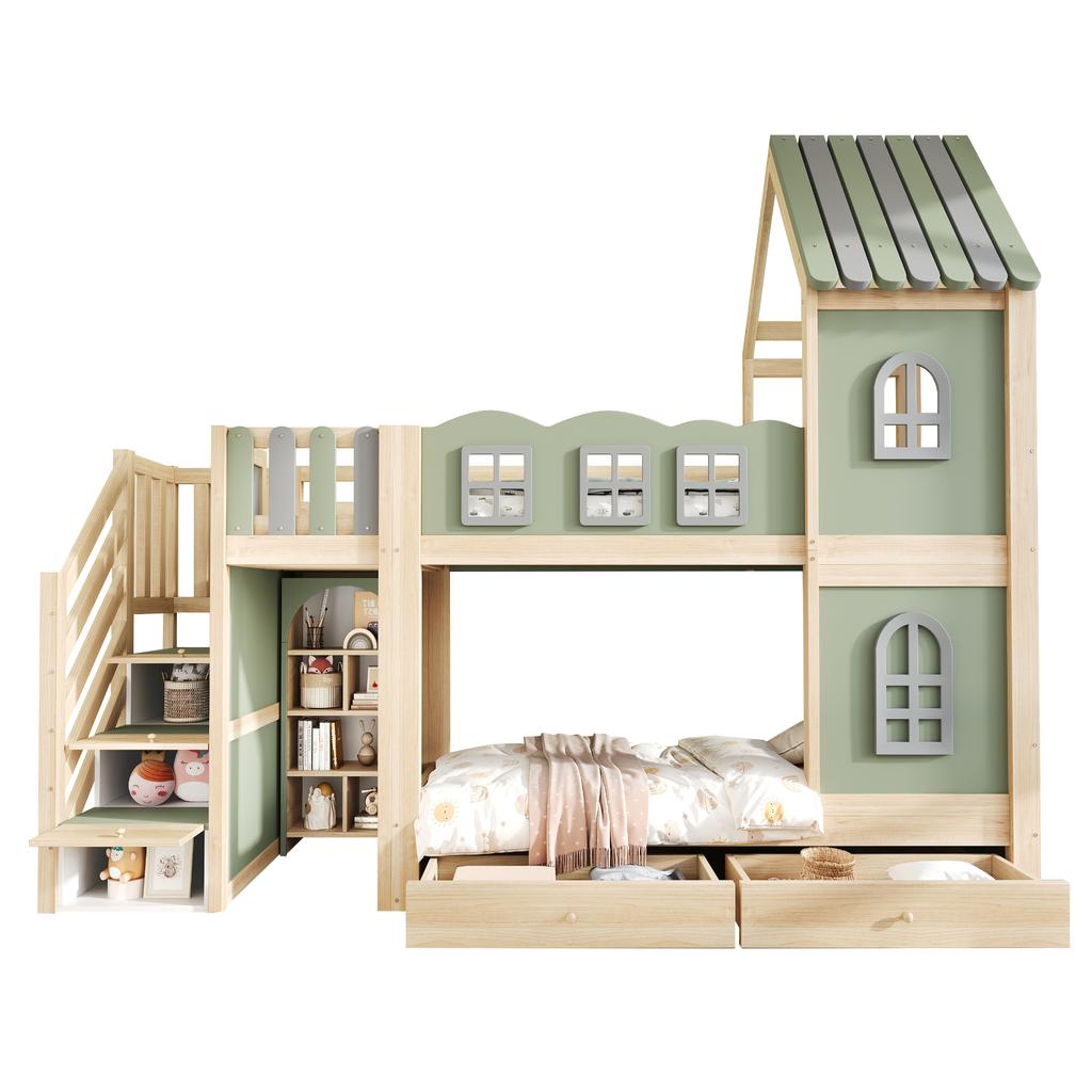 Kinderhochbett 90 x 200 cm, Wolkenförmige Bettgitter, Dach mit Fenstern, Stauraumleiter, Regale, Schubladen, Doppelbett aus Holz für Jungen, Mädchen, Grün
