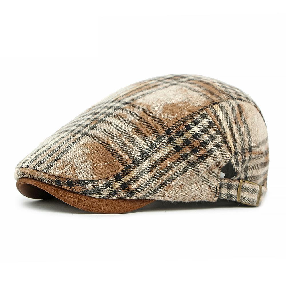 

Autumn Cap Men s Forward Cap Tie-Dye Plaid Beret Women s British Vintage Cap хаки