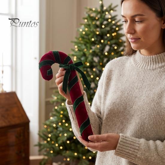 Holiday Party Supplies Velvet Christmas Candy Cane Ornament, Fabric Decoration with Hanging Ornaments Bow, Xmas Tree Decor Pendant for Soft