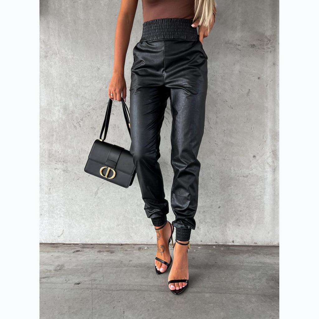 Street Trend High-Waist Leather Pants for Women - European & American Motorcycle Style, Autumn/Winter Fashion