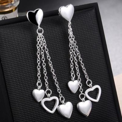 Womens Fashion 925 Sterling Silver Tassel Heart Earring Drop Earrings for Girls Kids Wedding Gift Jewelry Brincos