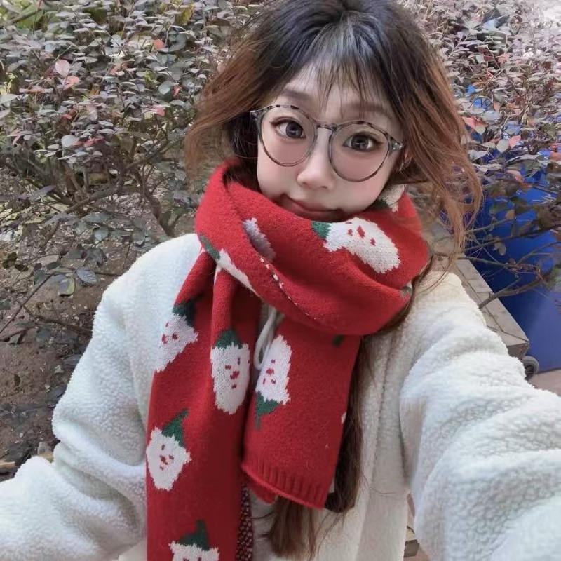 Red Santa knitted scarf autumn and winter warm versatile student couple Christmas gift green wool scarf