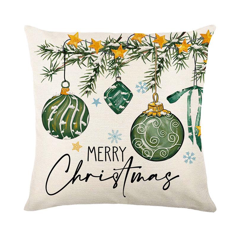 Festive Decorative Green Christmas Tree Linen Printed Cushion Cover Snowflake Bell Sofa Living Room Bedroom Cushion Cover