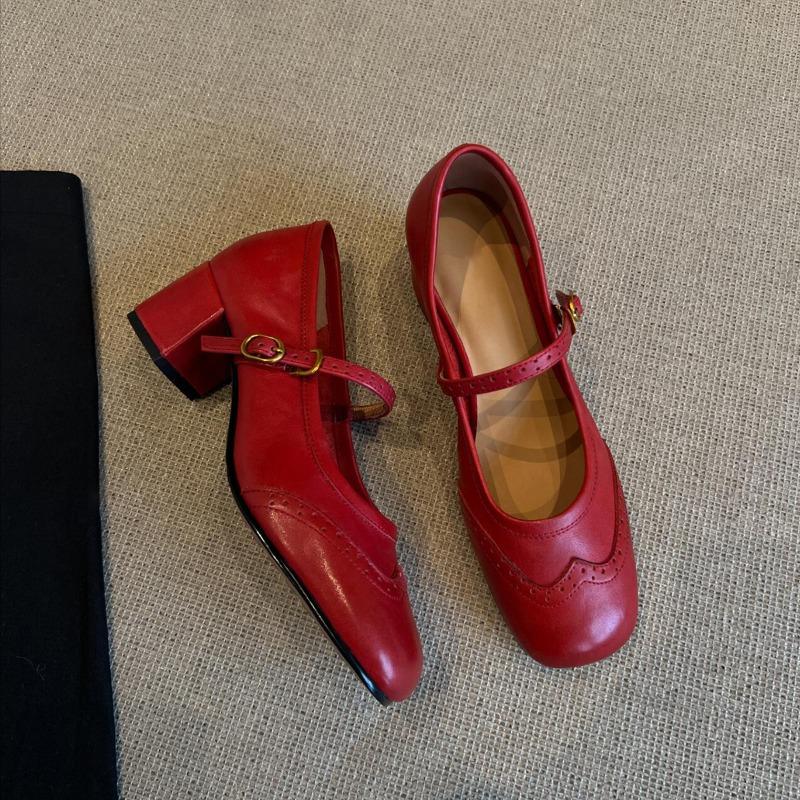 Sheepskin ~ versatile one-button shallow thick heel Mary Jane shoes women's vintage brogue square toe shoes leather single shoes