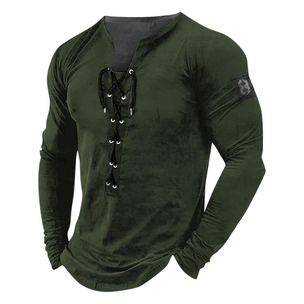 Men's Outdoor Vintage Lace-up Hooded Long-sleeved T-shirt Autumn Plain Casual Top