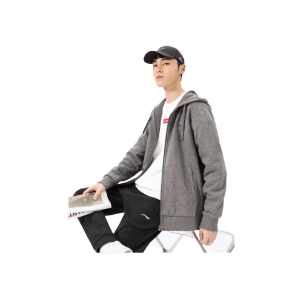 Li Ning Solid Color Fleece Lined Warm Hooded Jacket Sweatshirt Men Jacket Gray AWDRH23-2