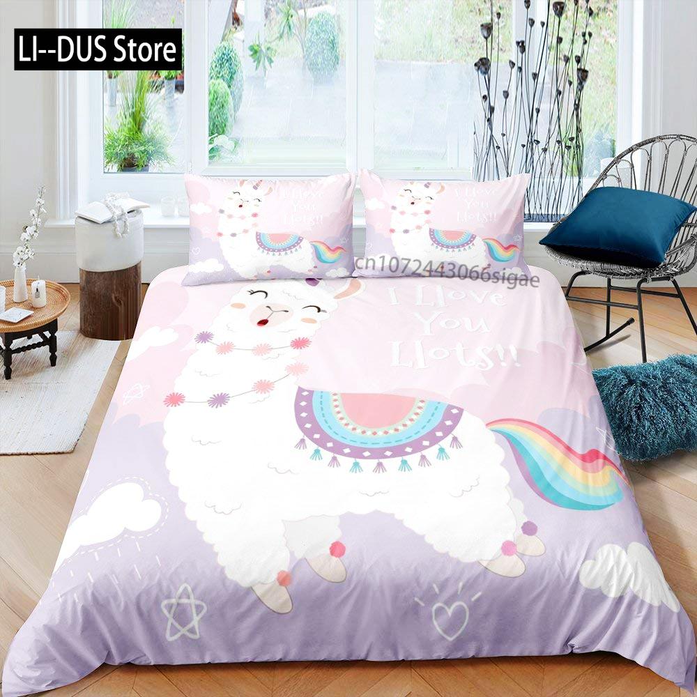 Lovely Cartoon Alpaca Llama Cactus Print Boys Girls Duvet Cover Set Full Size For Kids Teen Bedding Set Comforter Cover Decor
