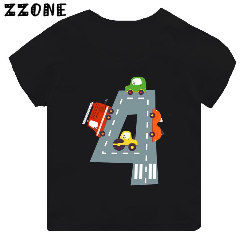 Hot Sale Different Car Print Funny Boys Clothes 1 2 3 4 5 6 7 8 9 Years Birthday Number Cartoon Kids T shirt Baby Girls TShirts