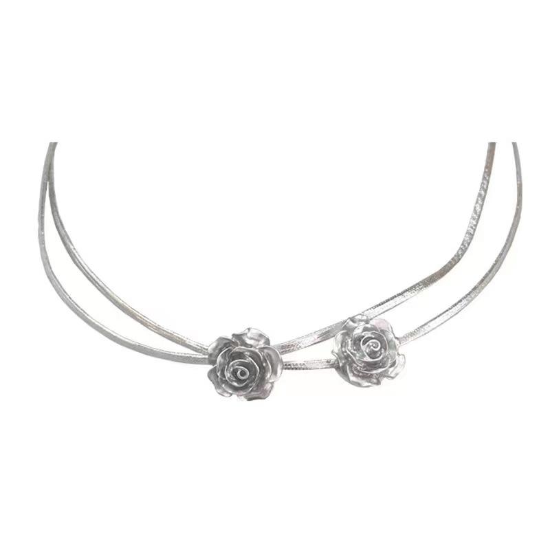 

Silver gray rose double neck chain niche sweet cool babes collarbone chain choker neck chain temperament trendy cool women s jewelry tide