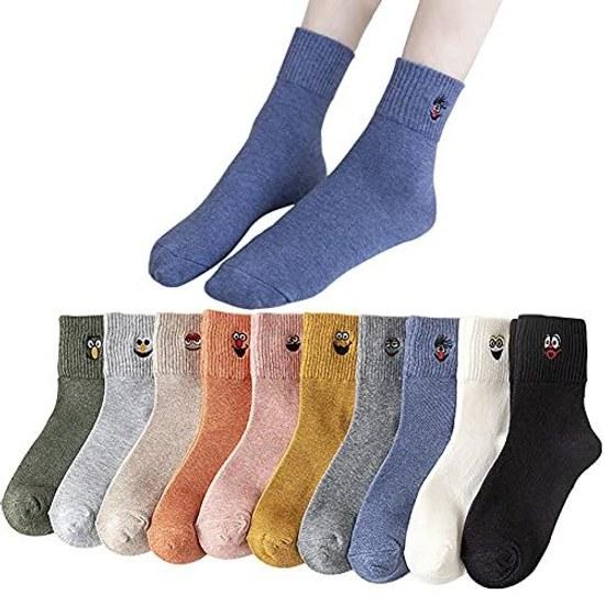 Sekuzy Socks Women Cotton 10 Pairs Set Crew Length Solid Color Stylish Cute Embroidery Colored Autumn Winter Breathable Size 22-25cm Casual Sports