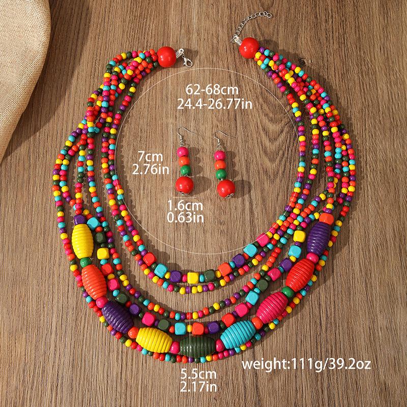 Afrikanisches Schmuckset Bohème Mehrschichtig Bunte Holzperlen Handgefertigte Perlenkette Und Ohrringe Für Damen Zubehör