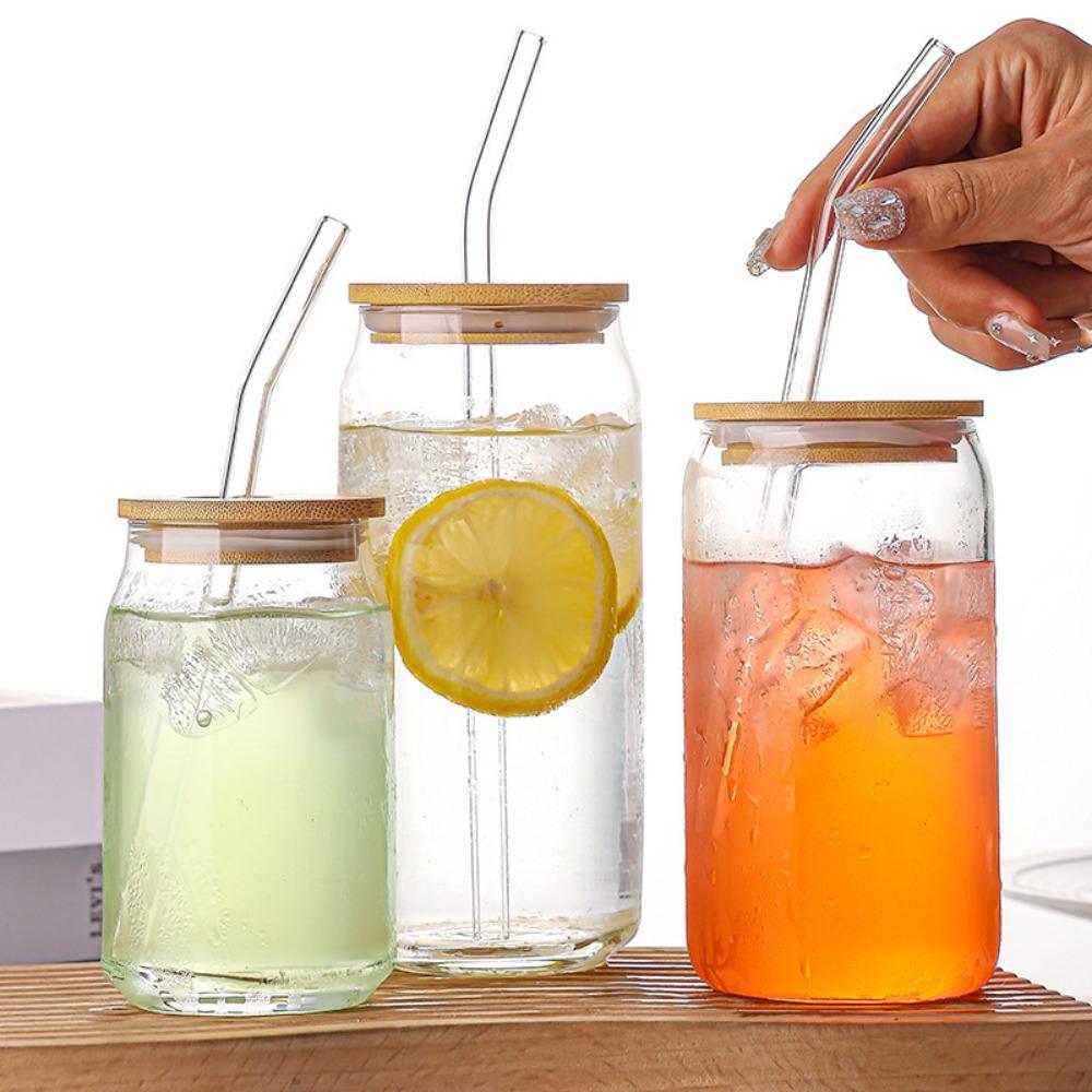 With Straw and Lid Glass Can Shaped Cups Spill-Proof Bubble Tea Cup Glass Drink Cup  Milk Tea