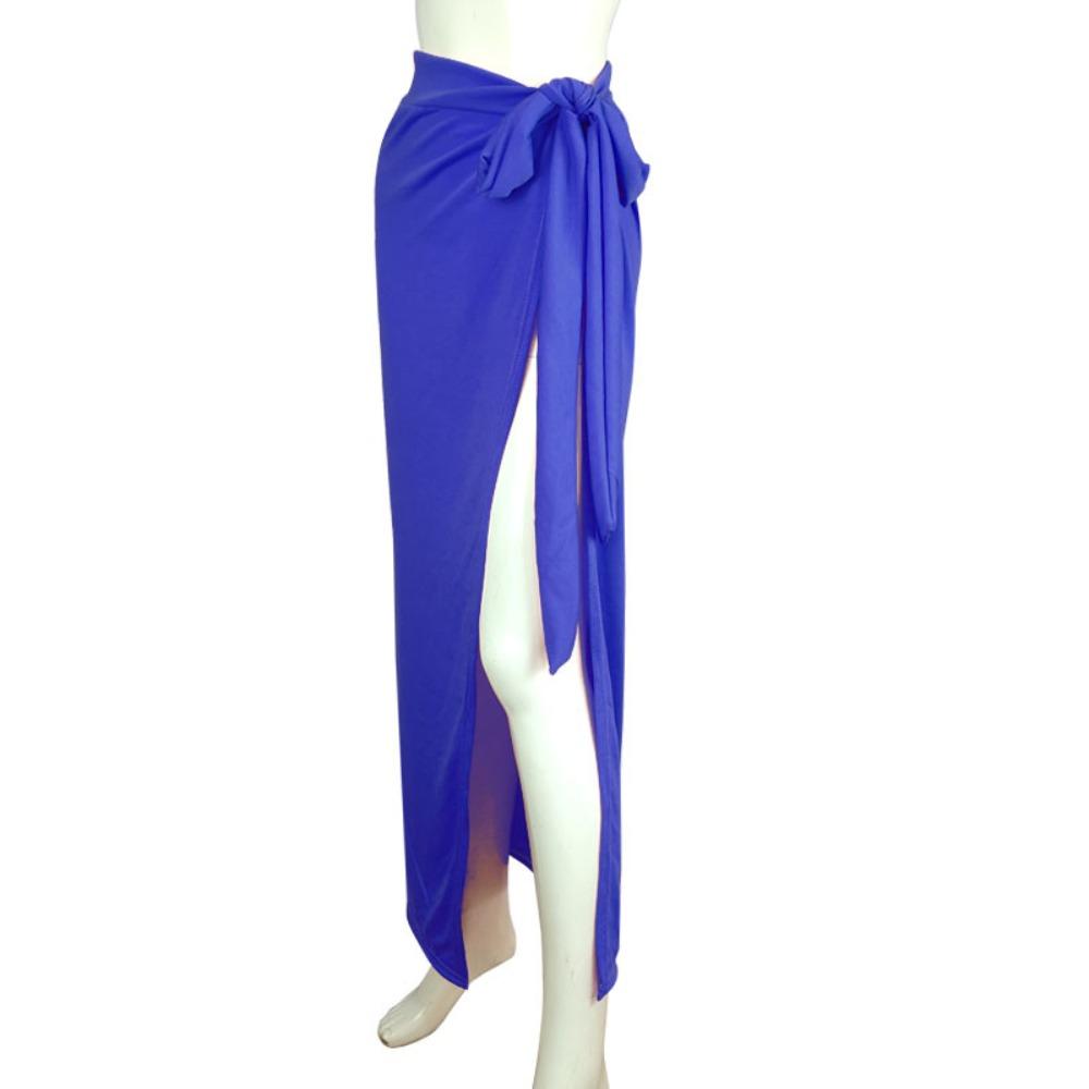 Sexy einfarbiger Strandrock mit hohem Schlitz, hoher Taille, Wickelrock, atmungsaktiver langer Rock, Strandurlaub, Damenbekleidung S blue