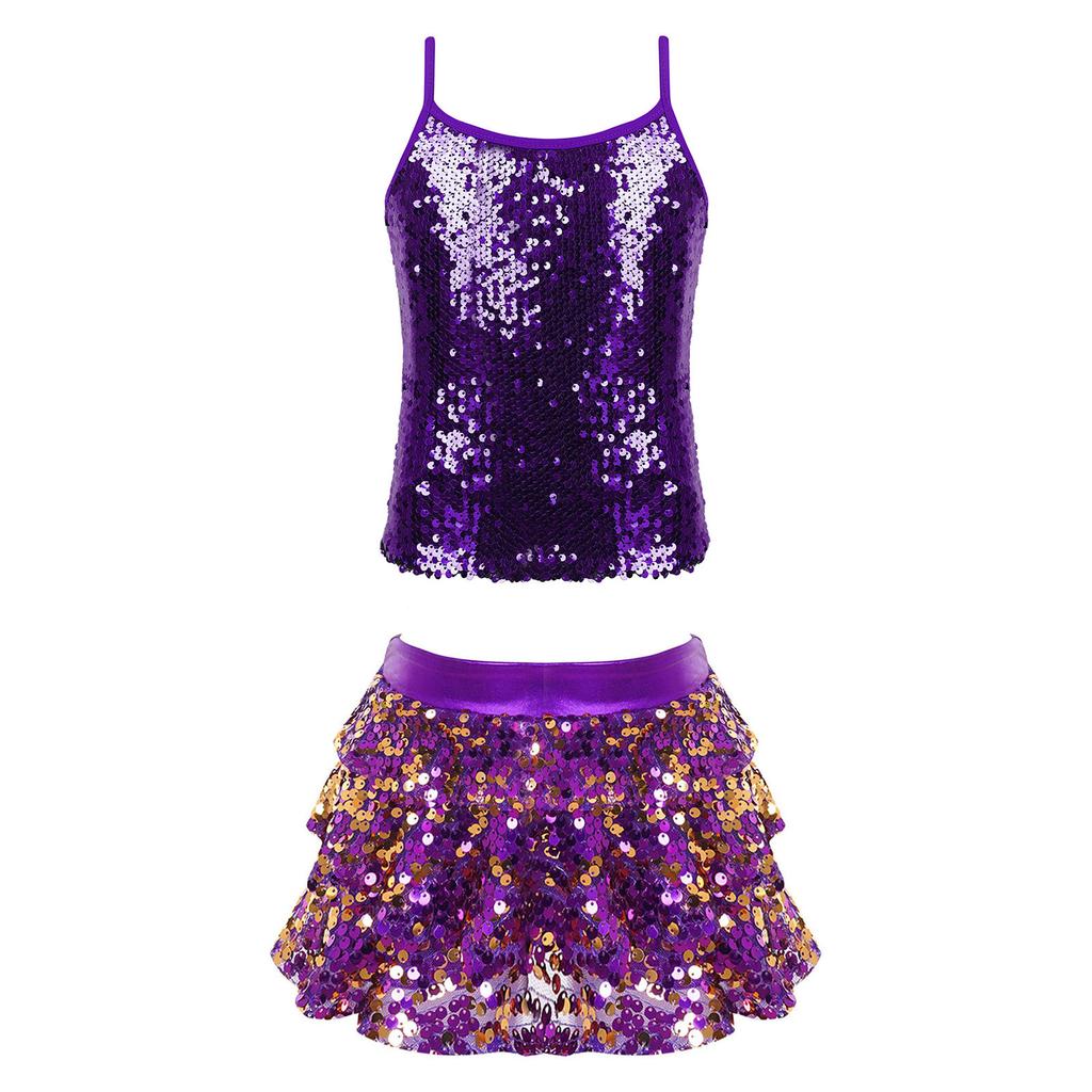 Girls Shiny Sequins Camisole Top Adjustable Straps Tiered Ruffle Skirted Shorts Culottes Dance Outfit