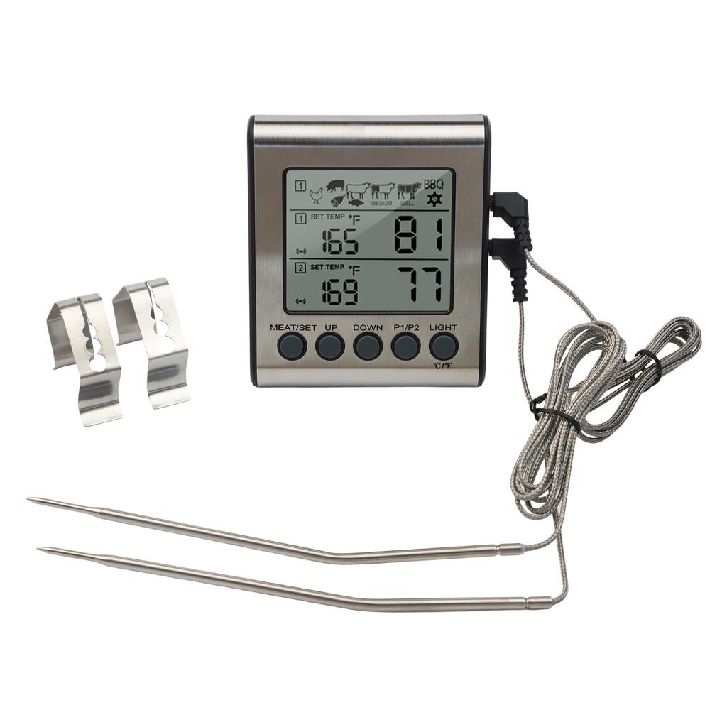 BBQ Thermometer Featuring Dual Probes and Backlit LCD Display with HiLow Alarm for Accurate Temperature Management