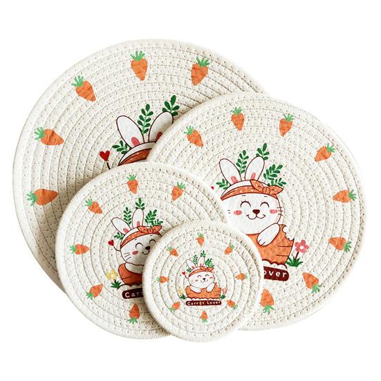 12/18/24/30cm Nordic Style Minimalist Thread Rabbit Carrot Placemat Pattern Household Cotton Anti-Scalding Cup Mat