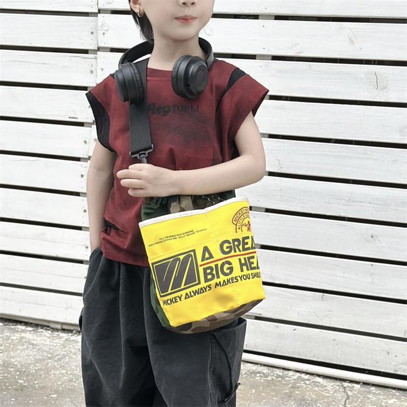 Kids Pattern Letter Drawstring Canvas Shoulder Bag With Sewn Details Use Daily