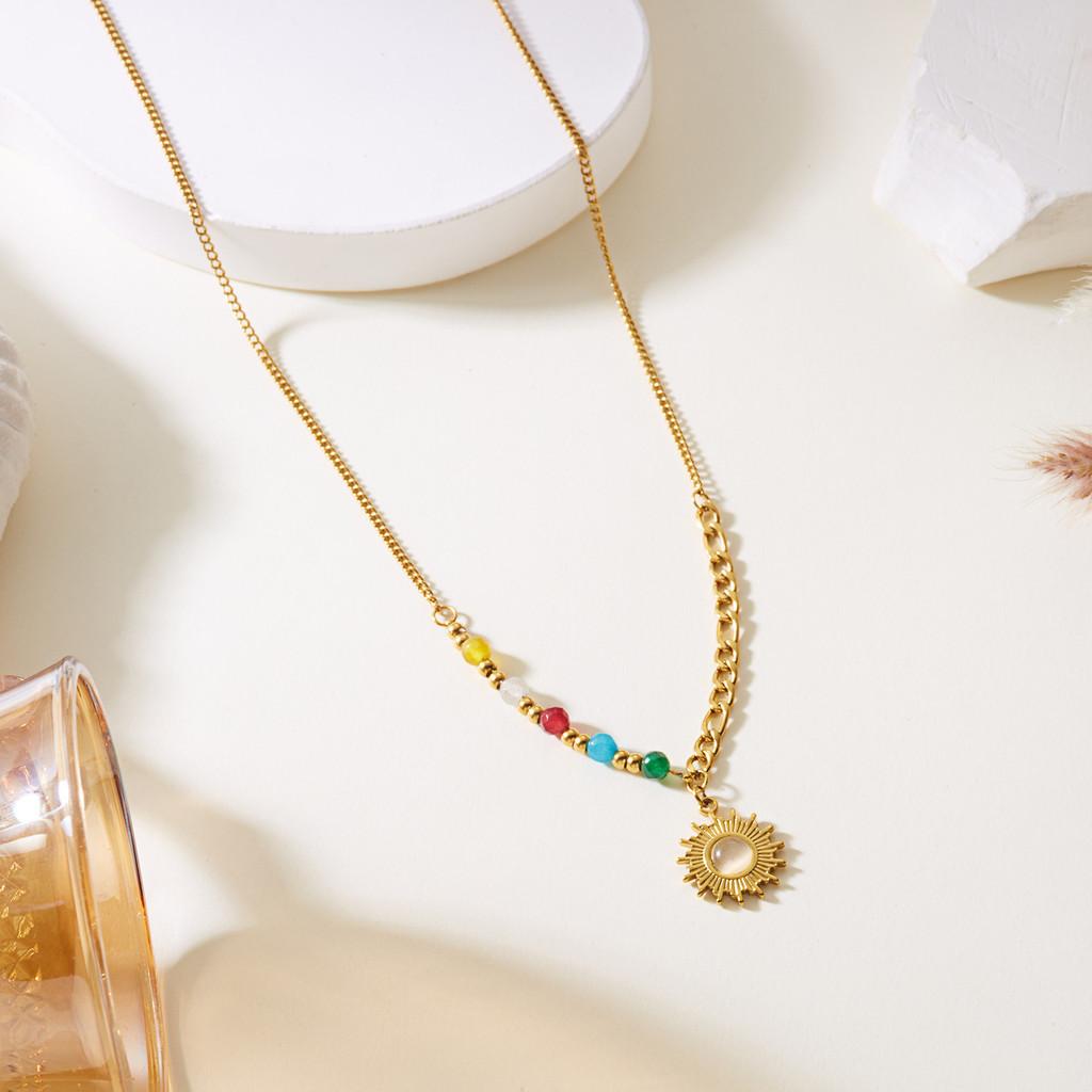 Stainless Steel Sunflower Necklace With Natural Turquoise Beads For Women