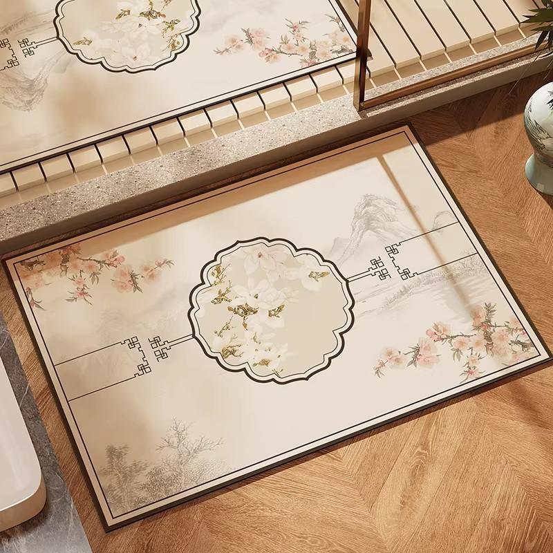 Modern Chinese Style Diatomite Floor Mat Entryway Kitchen Non-Slip Water Absorbent Easy Clean Square Rug