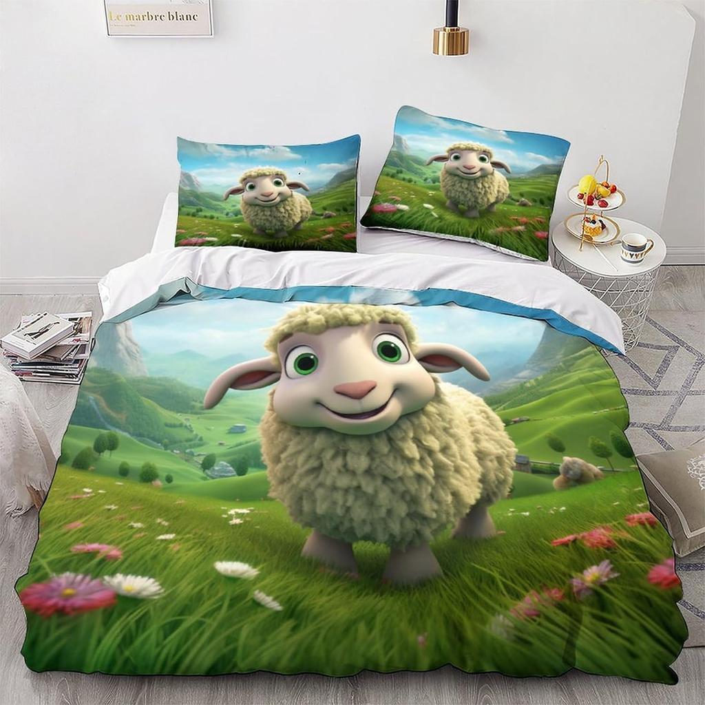 Cartoon Sheep Duvet Cover Double Size, 3D Cute Animals Soft Microfiber Bedding Set with 2 Pillowcases for Kids Boys Girls Teens