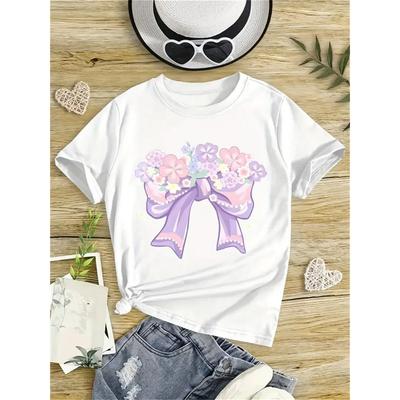European Size Childrens Round-neck Short-sleeved T-shirt with Purple Bowknot and Floral Pattern Print