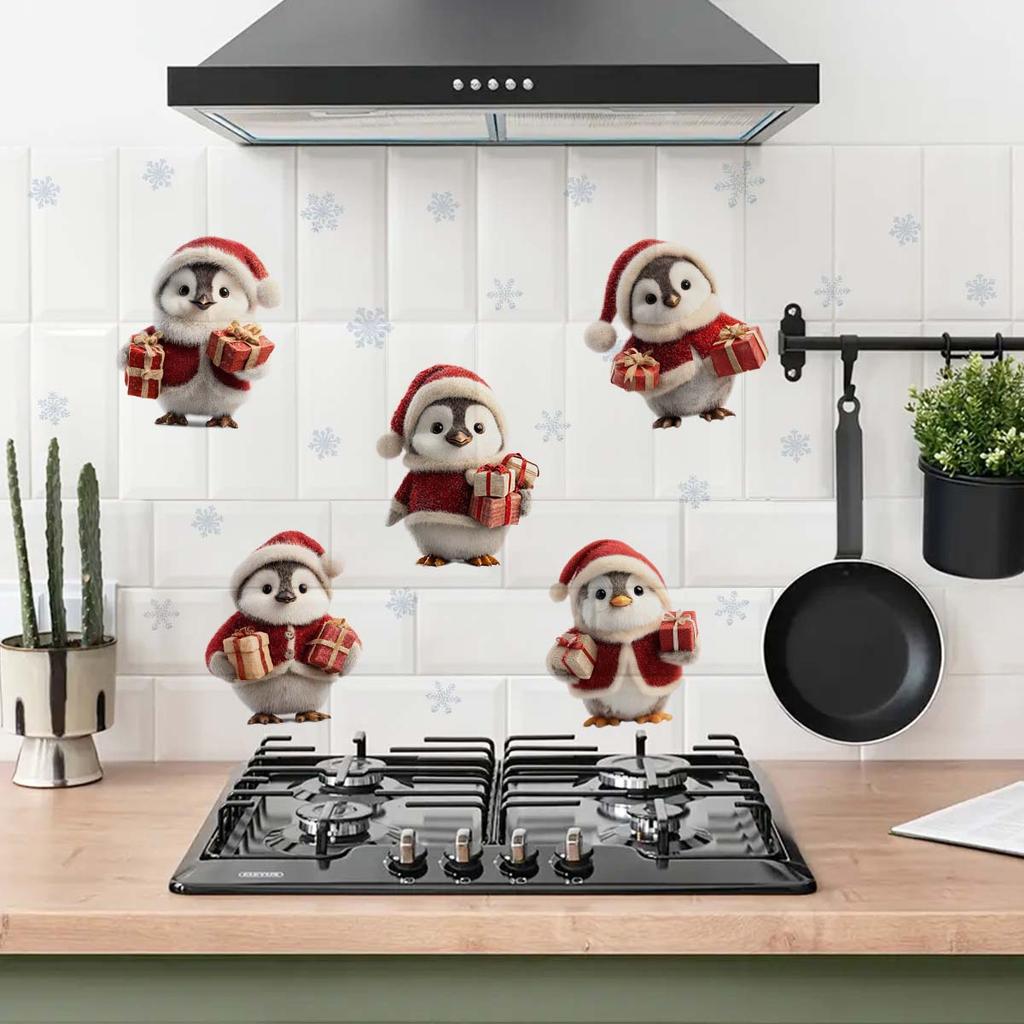 Warm and Cozy Christmas Penguin Wall Sticker with Festive Elements. Self-adhesive and Seamless Sticker.