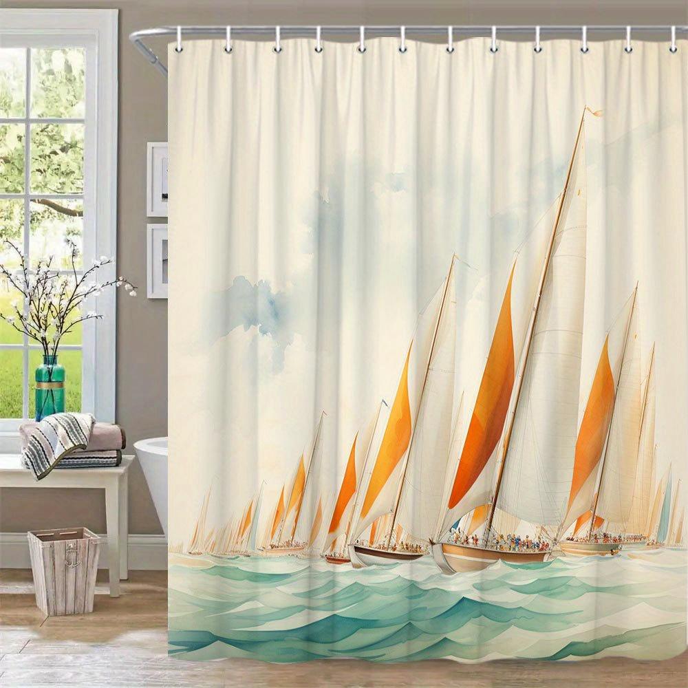 1Pc Sailboat Fleet Shower Curtain - Impressionist Watercolor Art With White Boats, Orange Sails, Calm Teal Sea & Pastel Sky,