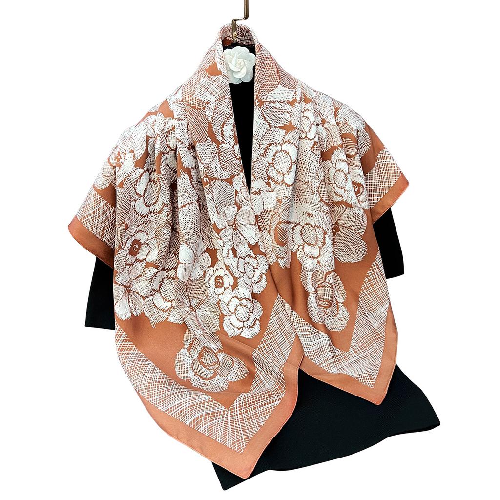 Spring and Autumn Light Plant Floral Print Neck Protector Scarf Twill Literary Square Scarf Premium Foreign Commuter Shawl